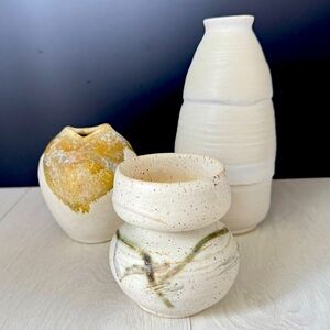 Trio of Beautiful Handmade Ceramic Pottery Bud Vases Organic Style Monochrome